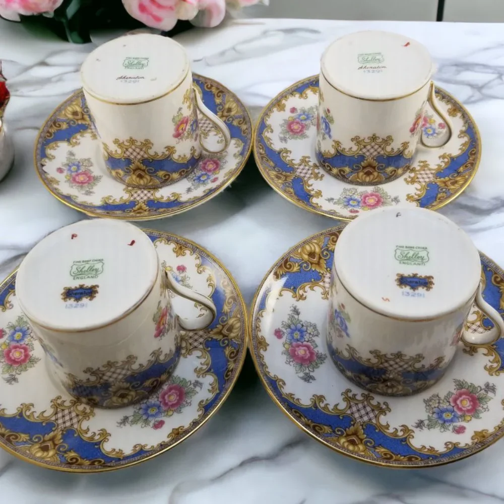 Shelley Bone China Espresso Cup & Saucer Flat Demi Set Sheraton Blue England - Picture 9 of 16